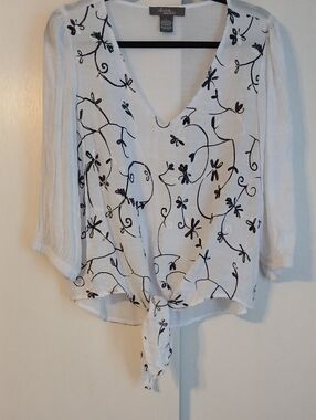 Olivia & Martin "Black and White" Embroidered Tie Blouse in Size L